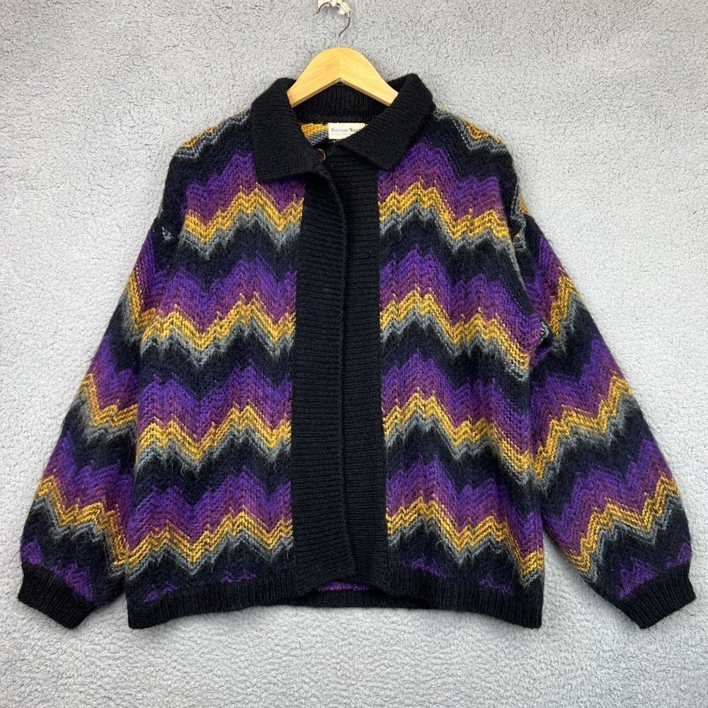 VINTAGE Boundary Waters Colorful Collar Cardigan Geometric Sweater Knit Women M‎